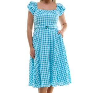 Maison Tara Belted Blue Gingham Puff Sleeve Midi Dress NEW WITH TAGS SIZE 16